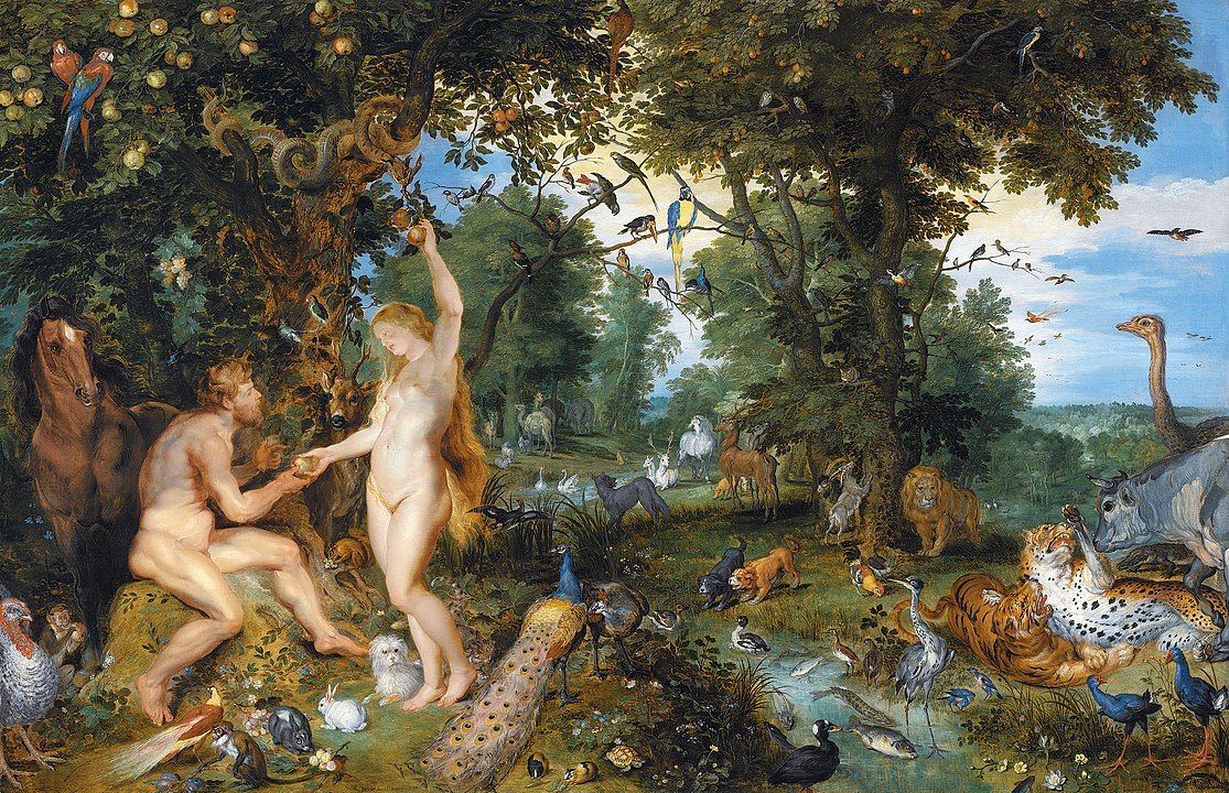 エデンの園でアダムとイヴが蛇にそそのかされ、禁断の果実である知識の果実を食べさせられる。